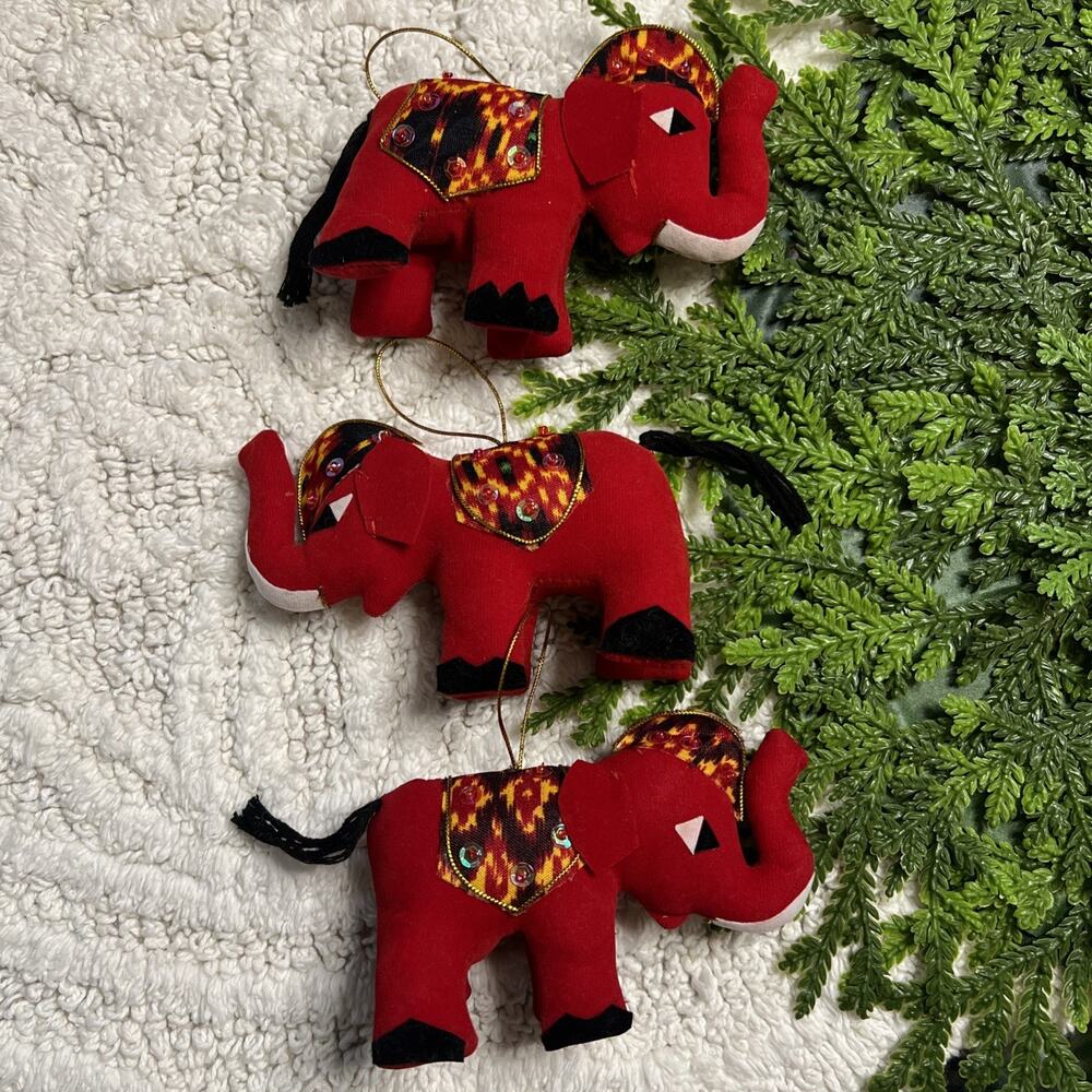 Vintage Set of 3 Elephant Christmas Ornaments Red Velvet India Mid Century
